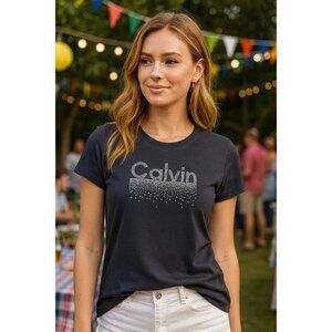 CALVIN KLEIN Black T-shirt Embellished Sparkle on front size Medium NEW